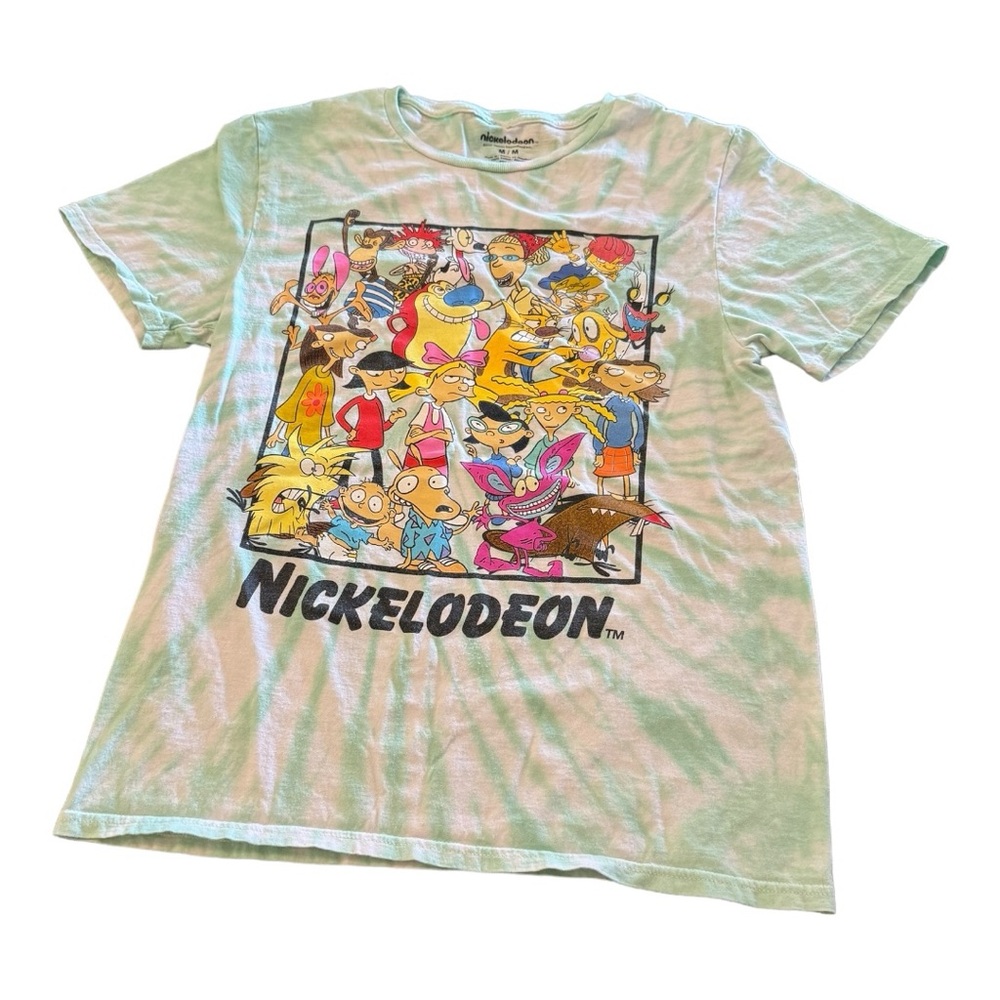 👕 NICKELODEON Men’s Size Medium Classic Cartoons Green Tie Dye Loose Shirt